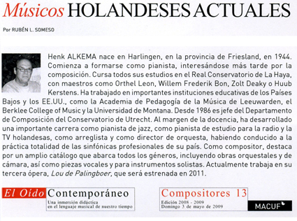 Dutch composer Henk Alkema, biography in Spanish, May 2009