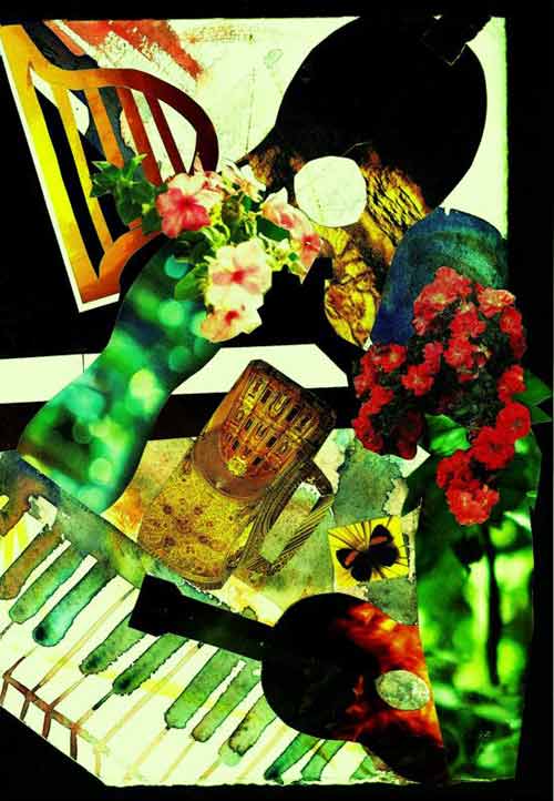 Watercolour collage of Glass Vase Concert by Frances Ku for auction