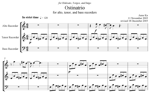 Ostinatrio for three recorders by Anne Ku